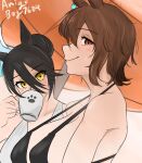  2girls agnes_tachyon_(umamusume) ahoge alternate_breast_size_(larger) artist_name bare_shoulders beach_umbrella bikini black_bikini black_hair blush breasts brown_hair chemical_structure closed_mouth commentary ear_ornament ear_tag earrings english_commentary hair_between_eyes hair_bun haouteak highres huge_breasts jewelry long_bangs long_hair_between_eyes looking_at_another looking_at_breasts looking_at_viewer manhattan_cafe_(umamusume) multicolored_hair multiple_girls red_eyes short_hair sideboob sideways_glance signature single_earring single_hair_bun smile strap_gap sweat swimsuit umamusume umbrella upper_body wet white_bikini white_hair yellow_eyes yuri 