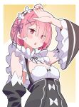  1girl absurdres black_sleeves blush border breasts detached_sleeves eyes_visible_through_hair gradient_background hair_over_one_eye hair_ribbon highres noyama_takenoko open_mouth pink_hair ram_(re:zero) re:zero_kara_hajimeru_isekai_seikatsu red_eyes ribbon roswaal_mansion_maid_uniform short_hair small_breasts solo white_border 