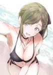 1girl :o alternate_costume arm_up beach bikini black_bikini black_choker blush breasts choker cleavage commentary_request highres idolmaster idolmaster_shiny_colors jewelry looking_at_viewer medium_breasts nanakusa_hazuki natsumegu_(yvku8527) navel necklace outdoors selfie side-tie_bikini_bottom single_sidelock solo stomach swept_bangs swimsuit 