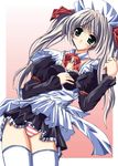  artist_request bad_proportions blush bow brown_hair copyright_request green_eyes hair_ribbon lingerie long_sleeves lying maid on_back panties pantyshot pantyshot_(lying) pantyshot_(standing) petticoat red_panties ribbon solo standing striped striped_panties thighhighs twintails underwear white_legwear 