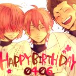  2boys baseball_uniform birthday_date brothers closed_eyes closed_mouth commentary_request daiya_no_ace facing_viewer hair_over_eyes happy_birthday kominato_haruichi kominato_ryousuke kuramochi_youichi lowres male_focus multiple_boys open_mouth pink_hair short_hair siblings simple_background sportswear tan05 teeth upper_body white_background 