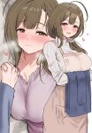  1boy 1girl absurdres apron blush breasts breath brown_apron brown_hair chemise closed_mouth collarbone commentary_request elbow_carry hair_ornament hair_scrunchie heart hetero highres holding_hands idolmaster idolmaster_shiny_colors interlocked_fingers kakeru_(fujiwara_kakeru) kuwayama_chiyuki large_breasts lying nose_blush on_back pov pov_hands purple_chemise ribbed_shirt scrunchie shirt smile sweat white_shirt 