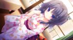  1girl apple back_bow bed black_hair bow closed_mouth collarbone curtains door dutch_angle floral_print food fruit furisode game_asset glass hair_intakes hair_ornament hairclip hand_on_own_arm hand_up highres hoshi_furu_yoru_no_farnese indoors japanese_clothes kimono looking_at_viewer medium_hair multiple_hair_ribbons non-web_source obi obijime orihime_n._astil post_and_rail_fence purple_bow purple_eyes purple_sash ribbon sash self-datamine solo standing table two_side_up white_kimono white_ribbon yukata yukie_(peach_candy) 