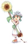  :d flower green_eyes green_hair hat kito_(sorahate) koiwai_yotsuba newspaper open_mouth paper_hat paper_kabuto quad_tails smile solo sunflower yotsubato! 