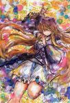  1girl absurdres arm_up beads black_dress blonde_hair breasts closed_mouth commentary_request cross-laced_clothes cross-laced_dress dress frilled_sleeves frills gradient_hair harikona highres hijiri_byakuren large_breasts layered_dress long_hair long_sleeves looking_at_viewer multicolored_hair one_eye_closed painting_(medium) prayer_beads purple_hair smile solo touhou traditional_media very_long_hair watercolor_(medium) white_dress wide_sleeves yellow_eyes 