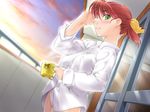  balcony blush bow cowboy_shot cup dress_shirt dutch_angle eyebrows_visible_through_hair game_cg green_eyes hair_bow hayase_mina kiriyama_taichi long_sleeves mug no_pants panties red_hair sexfriend shirt solo standing underwear white_panties white_shirt 