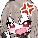  1girl anger_vein angry armor black_armor black_gloves black_ribbon brown_hair chibi chibi_only clenched_hand commentary double-parted_bangs english_commentary eydis_(sao) fingerless_gloves gloves hair_between_eyes hair_ribbon hand_up integrity_knight_armor light_blush long_hair looking_at_viewer lowres messy_hair open_mouth phanuchan portrait red_eyes ribbon simple_background solo sword_art_online sword_art_online:_alicization sword_art_online:_unleashed_blading transparent_background two-tone_armor white_armor wide_mouth 