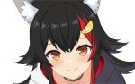  1girl animal_ear_fluff animal_ears black_hair black_hoodie commentary hair_ornament hololive hood hoodie looking_at_viewer multicolored_hair official_alternate_costume ookami_mio ookami_mio_(hoodie) red_streaks shirahosi_gura smile solo streaked_hair unfinished virtual_youtuber white_background white_hoodie wolf_ears wolf_girl yellow_eyes 