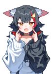 1girl absurdres animal_ear_fluff animal_ears black_hair black_hoodie breasts deaver highres hololive hood hoodie long_hair looking_at_viewer medium_breasts ookami_mio ookami_mio_(hoodie) open_mouth red_hair simple_background virtual_youtuber white_background white_hoodie wolf_ears wolf_girl yellow_eyes 