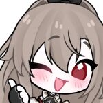  1girl :d ;d armor black_armor black_gloves blush brown_hair chibi chibi_only commentary double-parted_bangs english_commentary eydis_(sao) fingerless_gloves gloves hair_between_eyes hand_up integrity_knight_armor long_hair looking_at_viewer lowres messy_hair one_eye_closed open_mouth phanuchan portrait raised_eyebrows red_eyes simple_background smile solo sword_art_online sword_art_online:_alicization sword_art_online:_unleashed_blading thumbs_up transparent_background two-tone_armor white_armor 
