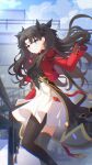  1girl absurdres black_hair black_shirt black_thighhighs blue_eyes chinese_commentary closed_mouth commentary_request earrings fate/stay_night fate_(series) hair_between_eyes highres honkai:_star_rail honkai_(series) jacket jewelry liangji_uu long_hair pantyhose red_jacket shirt skirt smile solo thighhighs tohsaka_rin twintails white_skirt 