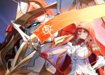 1girl absurdres asymmetrical_gloves breasts cape commentary_request dress elbow_gloves epaulettes flag gloves highres himeko_(honkai:_star_rail) himeko_(nova)_(honkai:_star_rail) holding holding_flag honkai:_star_rail honkai_(series) large_breasts long_hair looking_at_viewer mecha orange_eyes red_cape red_gloves red_hair robot sideboob single_elbow_glove smile soranoki starblazer_(honkai:_star_rail) white_dress white_gloves 