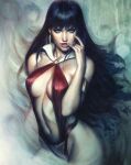  1girl abstract_background armlet black_hair blood blood_from_mouth breasts breasts_apart commentary english_commentary gold_armlet green_eyes highres jewelry long_hair looking_at_viewer one-piece_swimsuit red_one-piece_swimsuit red_slingshot_swimsuit signature slingshot_swimsuit solo stanley_lau swimsuit vampirella vampirella_(character) 