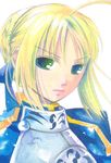  ahoge armor artist_request artoria_pendragon_(all) blonde_hair braid closed_mouth expressionless fate/stay_night fate_(series) french_braid green_eyes saber short_hair simple_background solo white_background 