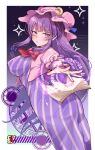  1girl absurdres ass blue_bow book bow breasts capelet commentary_request crescent crescent_hat_ornament dress ellen_drawing floating floating_book floating_object gradient_background grimoire hair_bow hat hat_ornament highres large_breasts long_hair looking_at_viewer magic magic_circle mob_cap open_book patchouli_knowledge pink_capelet pink_dress pink_hat purple_eyes purple_hair red_bow solo striped_clothes striped_dress touhou vertical-striped_clothes vertical-striped_dress very_long_hair watermark 