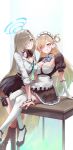  2girls absurdres apron asuna_(blue_archive) black_dress black_nails black_skirt blonde_hair blue_archive blue_eyes braid braided_bangs breasts commentary cosplay costume_switch crossover desk dress earpiece english_commentary gloves gradient_hair green_hair hair_over_one_eye halo headphones headphones_around_neck highres large_breasts leaning_forward long_hair looking_at_viewer lynae_(wuthering_waves) maid_headdress mujira_(mujira_15) multicolored_hair multiple_girls nail_polish on_desk purple_eyes school_desk shirt sitting skirt smile thighhighs white_gloves white_shirt white_thighhighs wuthering_waves 