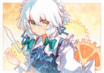  1girl blue_dress blue_ribbon blue_vest bow braid collared_shirt dress gears green_bow green_eyes grey_hair hair_bow highres izayoi_sakuya knife long_hair looking_at_viewer maid maid_headdress neck_ribbon ribbon rinka_(qqqrinkappp) shirt solo touhou traditional_media twin_braids upper_body vest white_shirt white_wrist_cuffs wrist_cuffs 