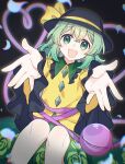  1girl absurdres black_hat blue_petals bow buttons collared_shirt commentary_request diamond_button disembodied_linked_eye eyeball falling_petals floral_print frilled_shirt_collar frilled_sleeves frills green_eyes green_hair green_skirt hat hat_bow highres hugging_viewer koishi_day komeiji_koishi long_sleeves looking_at_viewer nnn_lu open_mouth petals print_skirt rose_print shirt skirt smile solo touhou wide_sleeves yellow_bow yellow_shirt 