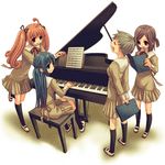  ahoge arms_behind_back baby_grand black_hair book brown_hair grand_piano instrument long_sleeves lowres multiple_girls music original piano piano_bench playing_instrument playing_piano pleated_skirt reading school_uniform sheet_music singing skirt takumi_namuchi twintails 