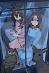  2girls absurdres animal_ears ashinowoto bird blue_pajamas blue_pants blue_shirt blush breasts brown_eyes brown_hair closed_mouth commentary_request cup curren_bouquetd'or_(umamusume) deer grey_eyes hair_between_eyes highres holding holding_cup horse_ears horse_girl horse_tail long_hair long_sleeves low_twintails multicolored_hair multiple_girls owl pajamas pants pink_pajamas pink_pants pink_shirt shirt sitting smile streaked_hair tail twintails umamusume window yamanin_zephyr_(umamusume) 