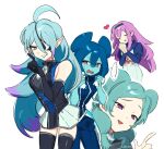  ... 4girls ab0_0001 absurdres ahoge alien aqua_hair artist_name beta_(inazuma_eleven) black_gloves black_hairband black_thighhighs blue_eyes blue_eyeshadow blue_hair blue_lips blue_pants blue_shirt blue_skin blush closed_eyes colored_skin colored_tips commentary double_bun dress elbow_gloves eyeshadow gloves hair_bun hairband hand_up heart highres hilary_flail holding_own_hair inazuma_eleven_(series) inazuma_eleven_go inazuma_eleven_go_chrono_stone inazuma_eleven_go_galaxy index_finger_raised juliet_sleeves long_hair long_sleeves looking_at_another makeup meia_(inazuma_eleven) multicolored_hair multiple_girls nervous no_pupils open_mouth own_hands_together pants pleated_skirt pointy_ears powai_pichori puffy_sleeves purple_eyes purple_hair sazanaara_eleven shirt skirt smile spoken_ellipsis standing thighhighs untranslatable_commentary very_long_hair white_background white_dress white_skirt 
