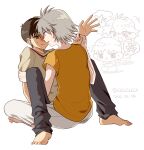  2boys barefoot between_legs black_pants blush brown_eyes brown_hair chibi chibi_inset dated edie_zzzzz face-to-face feet flustered grey_hair highres holding_another's_wrist ikari_shinji indian_style knees_up looking_at_another male_focus multiple_boys nagisa_kaworu neon_genesis_evangelion open_mouth orange_shirt pants shirt short_hair short_sleeves simple_background sitting sitting_between_legs smile speech_bubble t-shirt toes white_background yaoi 
