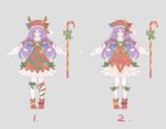  1girl a-pose absurdres blue_bow blush boots bow bowtie candy candy_cane capelet chinese_commentary christmas closed_mouth commentary_request crescent crescent_hat_ornament dress food full_body fur-trimmed_capelet fur_trim gan_cao_xuan_mi_su glasses green_bow green_bowtie grey_background hair_bow hat hat_ornament highres kneehighs leg_ribbon looking_at_viewer mob_cap multiple_hair_bows multiple_views patchouli_knowledge purple_eyes purple_hair red_boots red_bow red_capelet red_dress red_hat ribbon santa_costume sketch smile socks touhou white_socks 