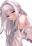  1girl absurdres bare_shoulders braid breasts clothing_cutout commentary_request crown_braid dress elf emilia_(re:zero) facing_to_the_side hair_ornament hair_ribbon highres long_hair long_sleeves looking_at_viewer medium_breasts meisaki pointy_ears purple_eyes purple_ribbon re:zero_kara_hajimeru_isekai_seikatsu ribbon shoulder_cutout simple_background smile solo white_background white_dress white_hair x_hair_ornament 