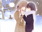  2girls black_coat black_hair braid brown_coat brown_hair closed_mouth coat commentary eye_contact grey_eyes half_up_braid highres holding_another's_wrist long_hair looking_at_another medium_hair mim120809 miyagi_shiori multiple_girls outdoors photo_background purple_eyes scarf sendai_hazuki shared_clothes shared_scarf shuuniichido_classmate_wo_kau_hanashi smile snow snowing tree white_scarf winter_clothes yuri 