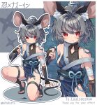  1girl above-cleavage_cutout absurdres alternate_costume alternate_hairstyle animal_ear_fluff animal_ears bandaged_arm bandaged_tail bandages blush breasts bridal_gauntlets clothing_cutout commentary commission different_zoom_layer english_commentary grey_hair highres holding holding_kunai holding_weapon ibaraki_natou kunai looking_at_viewer medium_hair mouse_ears mouse_girl mouse_tail nazrin ninja obi obijime on_one_knee pelvic_curtain ponytail red_eyes sash second-party_source shuriken side_slit sideboob skeb_commission small_breasts solo tail thighs toes torn_clothes touhou twitter_username weapon zoom_layer 