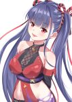  1girl :d absurdres arms_behind_back bare_shoulders black_gloves blue_hair blunt_bangs blush breasts collarbone commentary_request cowboy_shot crop_top elbow_gloves eyelashes floating_hair gloves heaven_burns_red highres large_breasts long_hair looking_at_viewer navel ninja official_alternate_costume official_alternate_hairstyle open_mouth paradox_(pixiv_24678177) red_eyes rope satsuki_mari satsuki_mari_(assassin_ninjutsu_making_a_killing) shimenawa sidelocks simple_background smile solo stomach straight_hair transparent_background twintails variant_set very_long_hair 