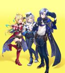  1boy 2girls :d absurdres animal_ears aqua_eyes aqua_hair arm_up armor armored_boots belt belt_pouch belt_tassel black_cape black_gloves black_shirt black_shorts black_thighhighs blonde_hair blue_belt blue_boots blue_cape blue_capelet blue_hair blue_pants blue_pantyhose blue_shoes blush boots bow-shaped_hair breastplate brown_belt cape capelet cellphone chest_harness clawed_boots cleavage_cutout clothing_cutout curtained_hair dog_ears dog_girl feather_hair_ornament feathers floppy_ears fold-over_boots four-finger_heart_hands gauntlets gloves gold_ring gold_trim gradient_hair green_eyes grey_hair grin group_picture hair_between_eyes hair_ornament half_gloves hand_on_own_chest hand_up harness hat heart heart_hands heart_hands_duo high-waist_shorts high_heel_boots high_heels highres holding holding_phone holster incredibly_absurdres knees_together_feet_apart leg_up long_bangs long_hair mikami_nacaba milan_kestrel milan_kestrel_(1st_costume) mitarashi-dan mole mole_under_eye mole_under_mouth monocle multicolored_eyes multicolored_hair multiple_belts multiple_girls multiple_moles navel nijisanji official_art one_eye_closed open_mouth pants pantyhose pauldrons peaked_cap phone pouch purple_belt red_boots second-party_source shioriha_ruri shioriha_ruri_(1st_costume) shirt shirt_tucked_in shoes short_hair short_shorts short_sleeves shorts shoulder_armor simple_background single_hair_intake single_pauldron smartphone smile standing standing_on_one_leg streaked_hair tachitsute_toto tachitsute_toto_(1st_costume) tassel thigh_boots thigh_holster thighhighs two-sided_capelet two-sided_fabric two-tone_eyes v v_over_eye very_long_hair virtual_youtuber white_capelet white_gloves white_hat white_shirt yellow-framed_eyewear yellow_background yellow_eyes 