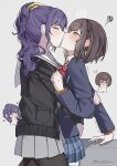  >_< 2girls asahina_mafuyu black_cardigan blue_skirt blush bow bowtie braid brown_eyes brown_hair cardigan closed_eyes commentary diagonal-striped_bow diagonal-striped_bowtie diagonal-striped_clothes forced_kiss french_kiss grey_skirt hair_ornament hair_scrunchie highres ioo_chan kamiyama_high_school_uniform_(project_sekai) kiss long_hair medium_hair miyamasuzaka_girls'_academy_school_uniform multiple_girls pantyhose pleated_skirt ponytail project_sekai purple_hair red_bow red_bowtie sailor_collar school_uniform scrunchie shinonome_ena skirt squiggle striped_bow striped_bowtie striped_clothes twitter_username white_sailor_collar yuri 