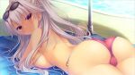  1girl arched_back arm_rest ass beach_umbrella bikini breasts brown_eyes cameltoe closed_mouth eyewear_on_head floating_hair from_behind game_asset grey_hair highres hoshi_furu_yoru_no_farnese jacqueline_sprenger large_breasts long_hair looking_at_viewer looking_back lying non-web_source nude on_blanket on_stomach ponytail pool poolside red_bikini self-datamine shadow single_sidelock solo swimsuit tan umbrella underwear unworn_bikini_top very_long_hair water yukie_(peach_candy) 
