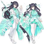  1boy 1girl :d alternate_costume aqua_dress aqua_eyes aqua_gem aqua_ribbon aqua_shawl aqua_shirt aqua_theme aqua_vest arms_at_sides black_eyes black_hair boots breasts character_and_genderswap coat cropped_jacket crossed_legs dress dual_persona floating_hair floral_print flower_knot formal_clothes frilled_sleeves frills full_body gem genderswap genderswap_(mtf) hair_bun hair_ribbon hair_rings half_updo heterochromia high-low_dress highres holding holding_polearm holding_weapon hong_lu_(project_moon) jacket jewelry lapel_pin lapels large_breasts layered_sleeves limbus_company long_hair long_sleeves looking_at_viewer mandarin_collar matching_outfits naginata necklace notched_lapels open_clothes open_jacket open_mouth pants pantyhose polearm ponytail project_moon ribbon ribboned_xiao_guan ro/ku see-through_clothes see-through_shawl shawl shirt shoes short_over_long_sleeves short_sleeves side-by-side silver_necklace simple_background smile standing suit tassel two_side_up very_long_hair vest waist_cape watson_cross waving weapon white_background white_boots white_jacket white_pants white_pantyhose white_shoes white_suit 