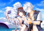  1boy 1girl abs absurdres alternate_costume arm_hug artist_name bare_shoulders bikini black_bikini black_hair blue_bodysuit blue_sky bodysuit bracelet breasts candy cellphone closed_eyes cloud collarbone colored_inner_hair commentary_request diving_suit ellen_joe eyewear_on_head fins fish_tail food food_in_mouth grey_hair hair_between_eyes hetero highres holding holding_phone hollow_(zenless_zone_zero) jacket jewelry lollipop lollipop_in_mouth medium_breasts mole mole_under_eye multicolored_hair navel necklace ocean off_shoulder official_alternate_costume outdoors pendant_choker phone print_bikini razor_blade_hair_ornament red-framed_eyewear red_eyes red_nails rook_(rookro) scar scar_on_tail see-through_clothes selfie shark_girl shark_tail short_hair sky stomach sunglasses swimsuit tail taking_picture tinted_eyewear towel towel_around_neck unzipped v w water white_jacket wise_(peaceful_waves)_(zenless_zone_zero) wise_(zenless_zone_zero) wristband zenless_zone_zero 
