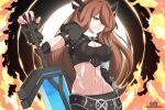 arm_armor artist_name black_dress breasts brown_hair commentary cosplay crop_top dress english_commentary fingerless_gloves gloves green_eyes hair_over_one_eye highres holding holding_weapon iris_(mega_man) iris_-another-_(mega_man) long_hair magik_(x-men) marvel marvel_tokon:_fighting_souls mega_man_(series) mega_man_x_(series) rob_(robarts) shorts sword weapon 