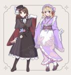  2girls :d absurdres alternate_costume animal_print black_hat boots brown_boots brown_capelet brown_eyes brown_hair brown_shoes brown_skirt butterfly_print capelet commentary_request floral_print floral_print_kimono flower gloves grey_background hair_flower hair_ornament hairband hat highres inset_border japanese_clothes kimono lace-up_boots loafers long_hair long_sleeves looking_at_viewer maribel_hearn multiple_girls nnn_lu obi open_mouth pocket_watch print_kimono purple_eyes purple_hairband purple_kimono rose_print sash shirt shoes skirt smile socks touhou usami_renko watch white_gloves white_shirt white_socks wide_sleeves 