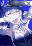  1girl argyle_clothes arm_strap armpits arms_up artist_name asymmetrical_gloves bare_shoulders black_gloves blue_background blue_dress blue_feathers blue_gem blue_hair breasts covering_own_mouth detached_sleeves dress feather_hair_ornament feathers fingerless_gloves fingernails fur-trimmed_sleeves fur_trim gem genshin_impact gloves hair_between_eyes hair_ornament hairband highres looking_at_viewer medium_breasts mismatched_gloves multicolored_hair odette_(genshin_impact) pale_skin purple_eyes shadow short_hair short_sleeves sidelocks simple_background solo strapless strapless_dress streaked_hair upper_body watermark wavy_hair white_gloves white_hair white_hairband white_sleeves yukiusagi_(snowrabbit0508) 