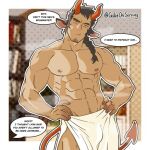  1boy abs all_saints_street animal_ears bara black_hair commentary demon_boy demon_tail english_commentary english_text facial_hair gabeonserving goat_ears goatee hands_on_own_hips horns large_pectorals male_focus muscular muscular_male navel_hair nick_holt nipples outside_border paid_reward_available pectorals solo speech_bubble tail towel towel_around_waist twitter_username 