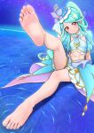  1girl aqua_hair aqua_nails bare_legs barefoot blush breasts closed_mouth commentary cure_eclair feet foot_focus foreshortening frills full_body gold_trim highres hinosaki howa_kurea leg_up legs long_hair looking_at_viewer meitantei_precure! midriff_peek nail_polish navel paid_reward_available ponytail precure presenting_own_foot purple_background red_eyes ripples short_sleeves sitting sky small_breasts smile soles solo star_(sky) starry_sky tile_floor tiles tilted_headwear toenail_polish toenails toes very_long_hair water 