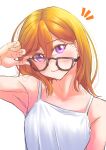  1girl absurdres arm_at_side arm_up armpits breasts closed_mouth commentary_request glasses highres love_live! love_live!_superstar!! medium_breasts medium_hair orange_hair purple_eyes removing_eyewear shibuya_kanon shirt simple_background sleeveless sleeveless_shirt solo uduki_fuji white_background white_shirt 