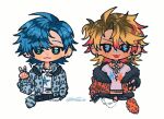  2boys :3 alternate_costume alternate_hairstyle animal_print axel_syrios belt black_belt black_choker blonde_hair blue_eyes blue_hair blue_jacket choker commentary cropped_torso ear_piercing english_commentary fang fashion fishnet_top fishnets fur-trimmed_jacket fur_trim green_eyes gyaruo hiimtae_sb holostars holostars_english jacket jewelry leopard_print male_focus medium_hair multicolored_hair multiple_boys necklace orange_jacket piercing red_streaks regis_altare ring shirt streaked_hair tail_keychain torn_clothes torn_shirt upper_body v virtual_youtuber white_background white_shirt 