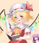  2girls absurdres ascot bespectacled blonde_hair blush book bow chinese_commentary collared_shirt commentary_request crescent crescent_hat_ornament crystal crystal_wings dress flandre_scarlet frilled_shirt_collar frills gan_cao_xuan_mi_su glasses hat hat_bow hat_ornament highres holding holding_book long_hair looking_at_viewer mob_cap multicolored_wings multiple_girls open_book open_mouth orange_background patchouli_knowledge purple_eyes purple_hair red_bow red_eyes red_skirt red_vest semi-rimless_eyewear shirt simple_background skirt skirt_set sleeve_bow smile solo_focus striped_clothes striped_dress teardrop-framed_glasses touhou under-rim_eyewear vertical-striped_clothes vertical-striped_dress vest white_hat white_shirt wings yellow-framed_eyewear yellow_ascot 