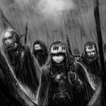  4boys armor army belt breastplate cape closed_mouth commentary_request fantasy flag gauntlets hair_between_eyes helmet highres hood hood_down hood_up hooded_cape jun_(navigavi) lips looking_to_the_side male_focus medium_hair monochrome multiple_boys nose original outdoors people pointy_ears polearm rain reptile_boy sheath sheathed short_hair spear sword sword_on_back upper_body very_short_hair weapon weapon_on_back wet wet_hair 