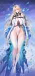  1girl barefoot bikini blonde_hair blue_eyes breast_curtains breasts chinese_commentary commentary_request crown_of_thorns fleurdelys_(wuthering_waves) frilled_thighhighs frills garter_straps highres horns huge_breasts looking_at_viewer paizuri_invitation parted_lips pointy_ears purple_hands shell shell_bikini single_horn smile solo swimsuit thighhighs tsuki_no_i-min vambraces watermark watermark_grid white_garter_straps white_thighhighs wuthering_waves 
