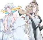  2girls arknights black_shrug blonde_hair breasts chinese_commentary cleavage_cutout clothing_cutout clothing_request colored_inner_hair commentary_request cowboy_shot dress haishen_miwang_de_jiyi highres horatia_(arknights) kill_la_kill kiryuuin_ragyou looking_to_the_side mature_female medium_hair multicolored_hair multiple_girls navel pointy_ears rainbow_hair red_eyes shrug_(clothing) skirt smile white_background white_dress white_hair white_skirt yellow_eyes 