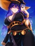  1girl artist_name black_hat black_robe breasts closed_mouth commentary cosplay_request earrings english_commentary hair_between_eyes hat highres holding holding_photo jewelry large_breasts long_hair long_sleeves looking_at_viewer lucilla_(wuthering_waves) photo_(object) purple_eyes purple_hair robe smile solo witch_hat wuthering_waves yuki0_art 
