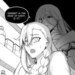 1boy 1girl azrael_(fate) black_background bottle braid commentary ellmyr english_text fate/grand_order fate_(series) greyscale long_hair monochrome olga_marie_animusphere refrigerator refrigerator_interior scar scar_on_cheek scar_on_face scared side_braid surprised 