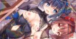  2girls :d @_@ absurdres angelic_link back_bow bare_shoulders black_dress black_hair blue_bow blue_eyes blush bow breasts breasts_out brown_hair chinese_clothes cleavage_cutout clothing_cutout commentary_request cowboy_shot demon_girl demon_horns double_bun dress dutch_angle embarrassed fishnet_gloves fishnets floral_print floral_print_dress floral_print_gloves frilled_hairband frilled_sleeves frills gloves grabbing_another's_breast grabbing_from_behind groping hair_bow hair_bun hair_intakes hairband hand_up heiron_(angelic_link) highres horns indoors karuru634 large_breasts long_sleeves looking_at_viewer lower_teeth_only multiple_girls naughty_face navel navel_cutout nipples nose_blush open_mouth pairon_(angelic_link) peeking_out pelvic_curtain print_dress print_gloves qipao red_bow red_eyes red_hairband rose_print sleeveless sleeveless_dress smile teeth v-shaped_eyebrows wavy_mouth wide_sleeves yuri 
